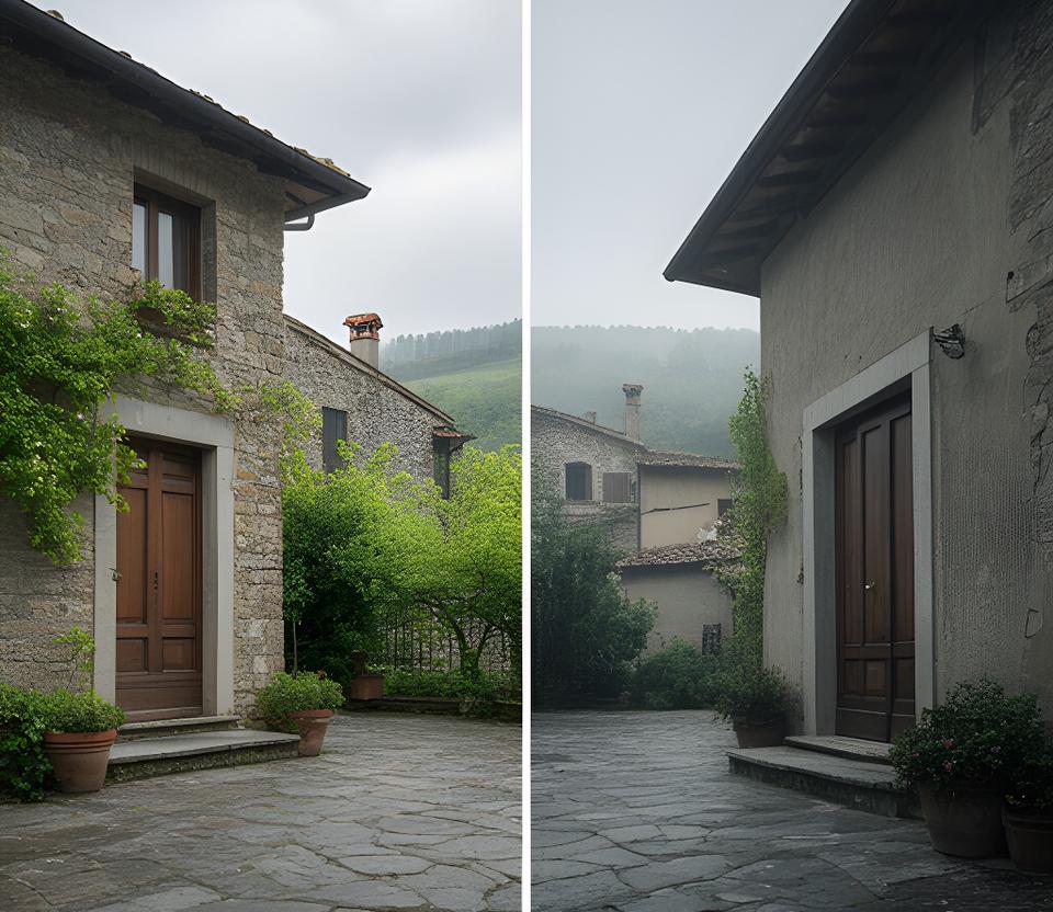 Facciata di una casa divisa da una linea visiva netta, con due ingressi vicini e un cortile di pietra a Melilli